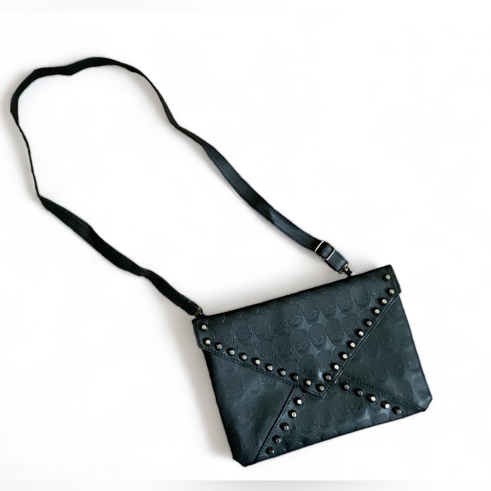 Studded Envelope Clutch Embossed Skulls Fiaz Leather Large Black